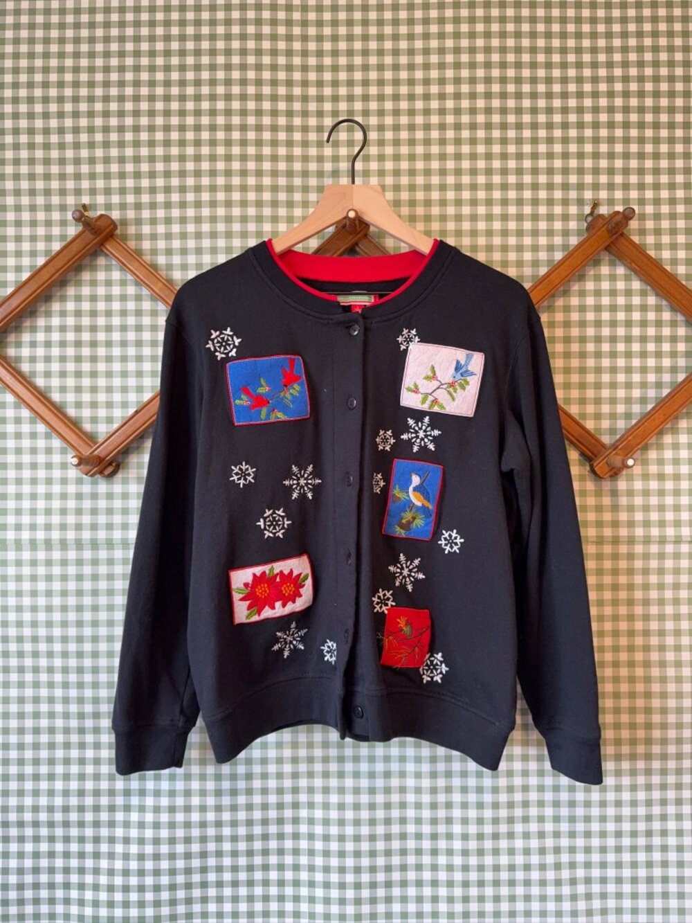 Holiday Traditions Christmas Sweater with Bird Patchwork (L)